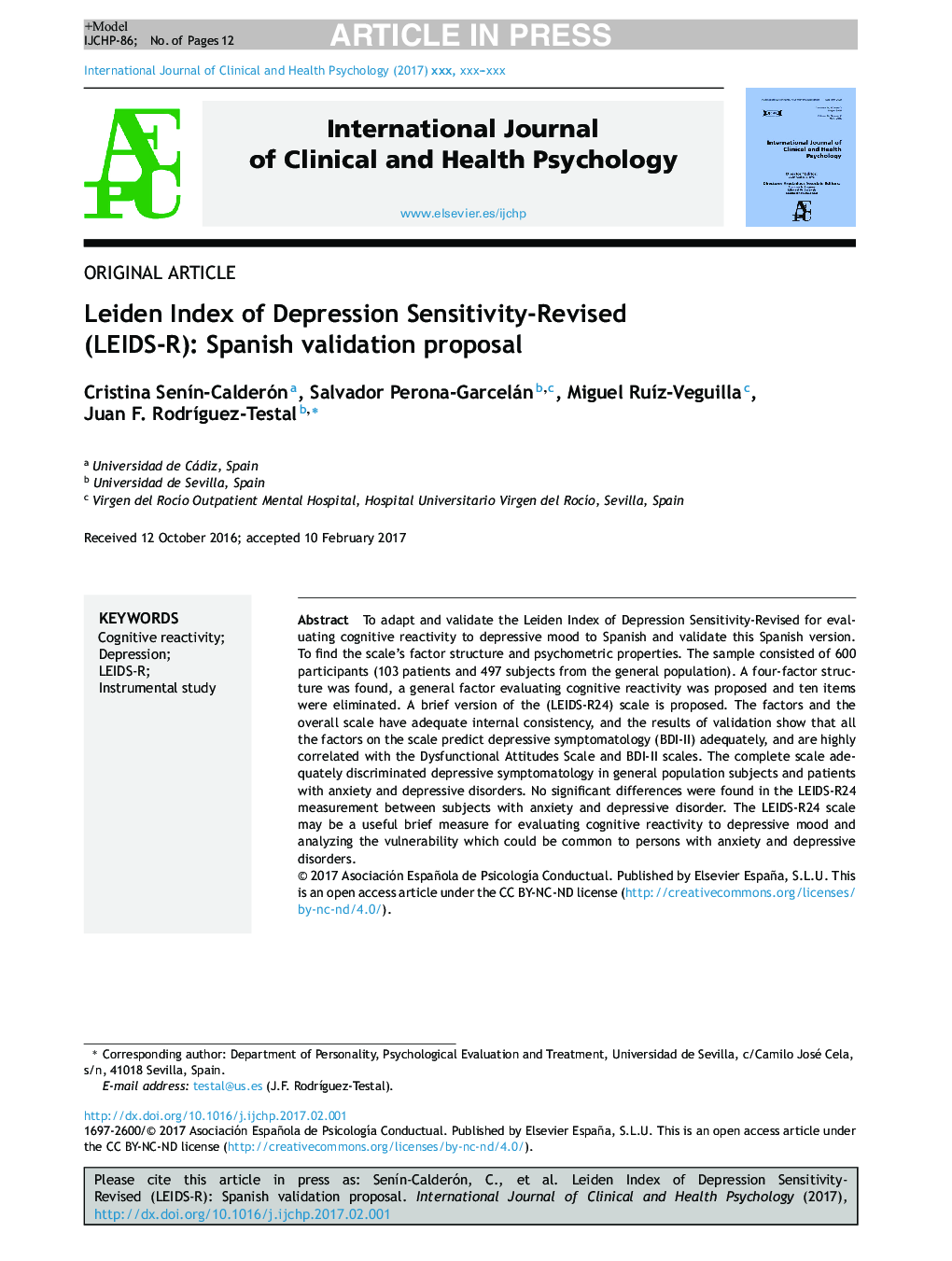 Leiden Index of Depression Sensitivity-Revised (LEIDS-R): Spanish validation proposal