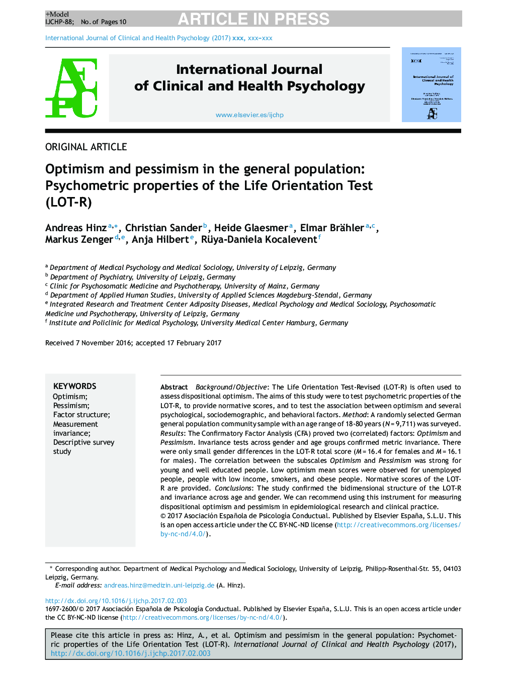 Optimism and pessimism in the general population: Psychometric properties of the Life Orientation Test (LOT-R)
