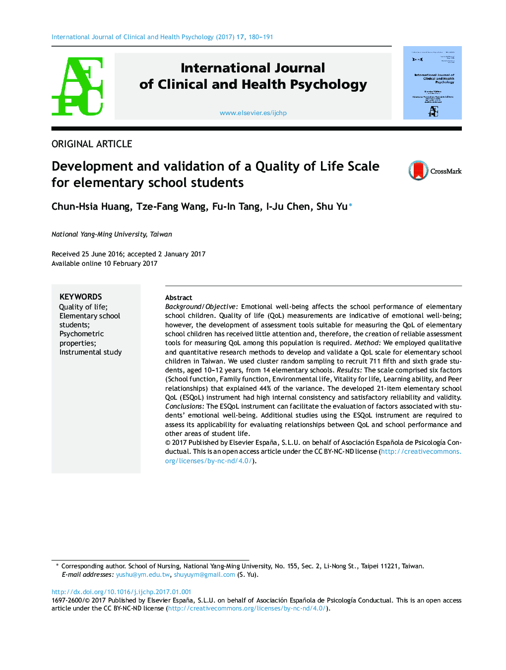 Development and validation of a Quality of Life Scale for elementary school students