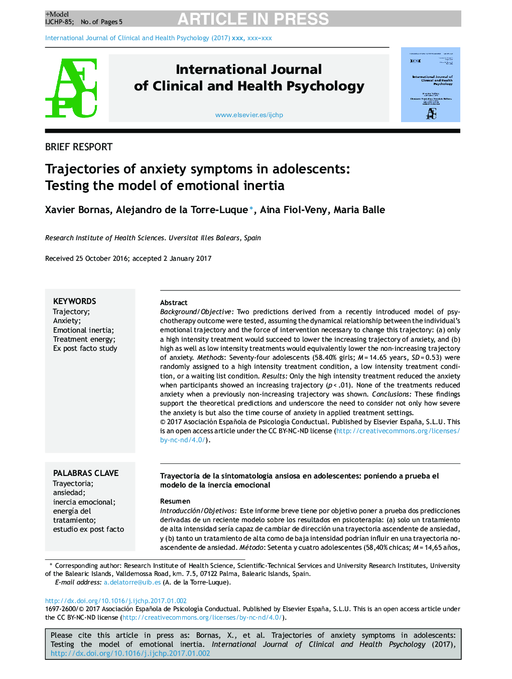 Trajectories of anxiety symptoms in adolescents: Testing the model of emotional inertia