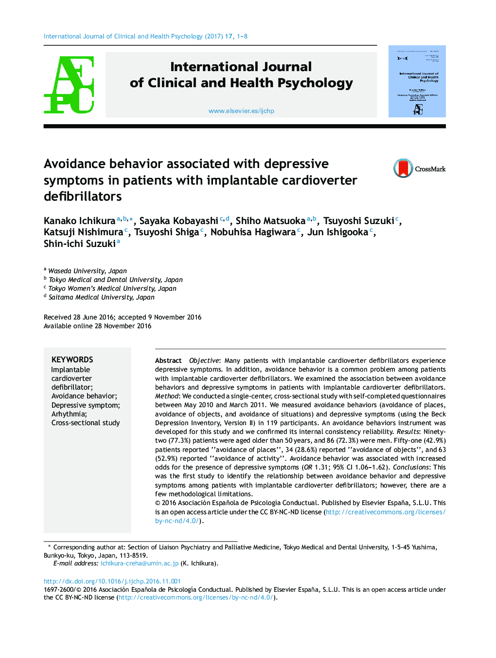 Avoidance behavior associated with depressive symptoms in patients with implantable cardioverter defibrillators