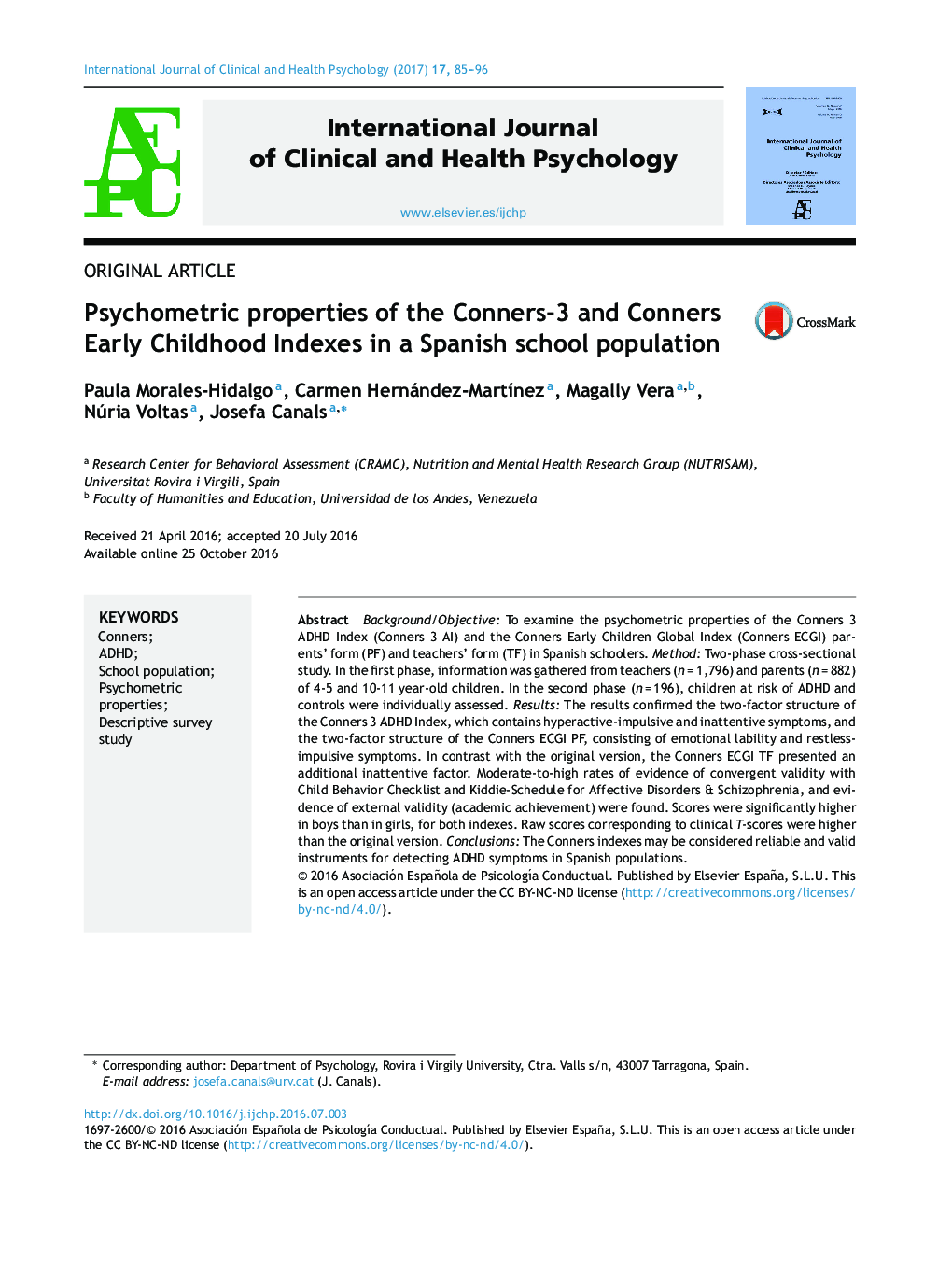 Psychometric properties of the Conners-3 and Conners Early Childhood Indexes in a Spanish school population