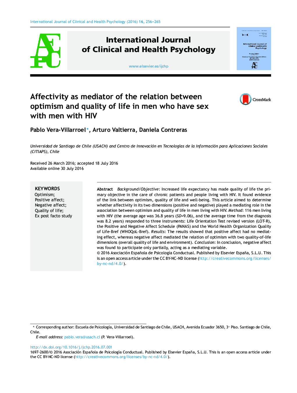 Affectivity as mediator of the relation between optimism and quality of life in men who have sex with men with HIV