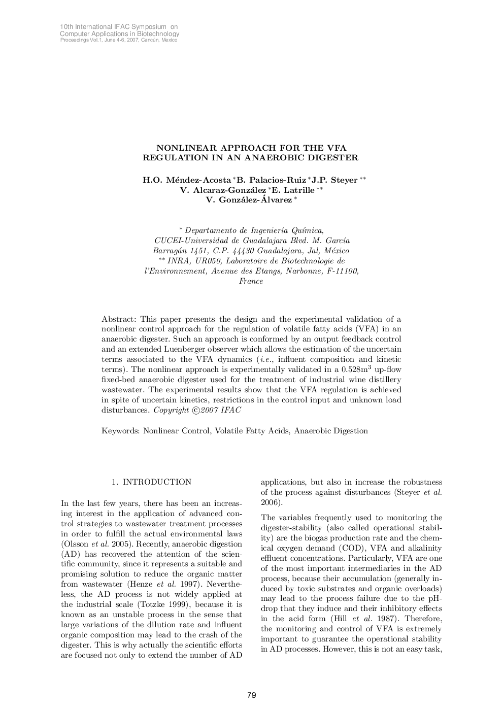 NONLINEAR APPROACH FOR THE VFA REGULATION IN AN ANAEROBIC DIGESTER