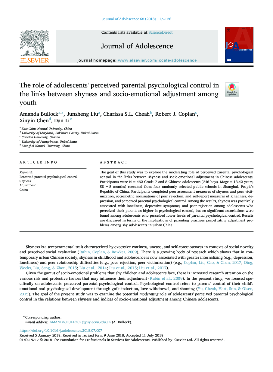 The role of adolescents' perceived parental psychological control in the links between shyness and socio-emotional adjustment among youth