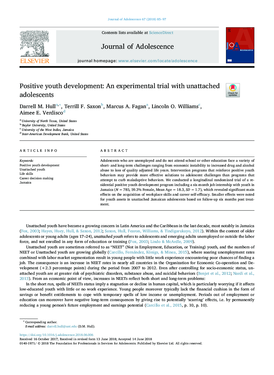 Positive youth development: An experimental trial with unattached adolescents