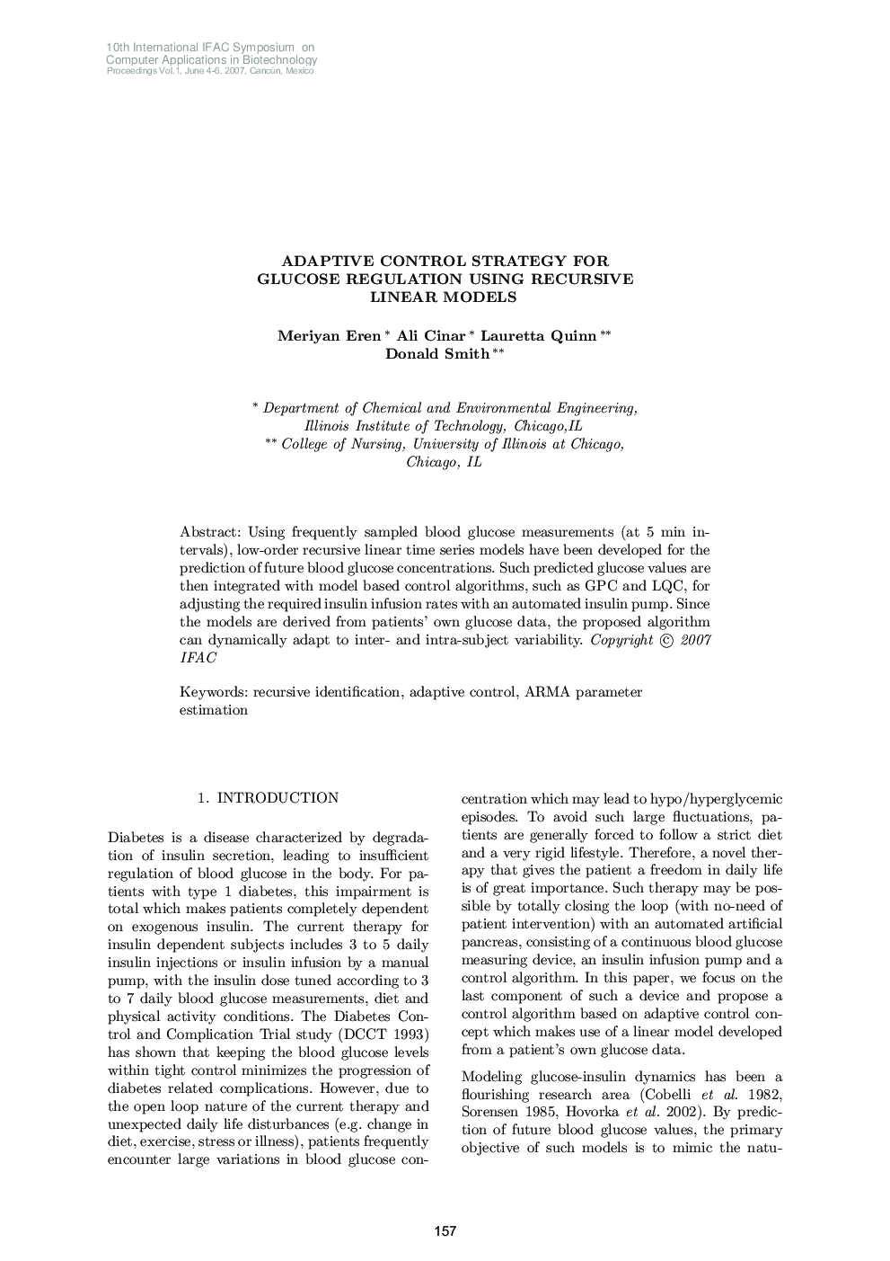 ADAPTIVE CONTROL STRATEGY FOR GLUCOSE REGULATION USING RECURSIVE LINEAR MODELS