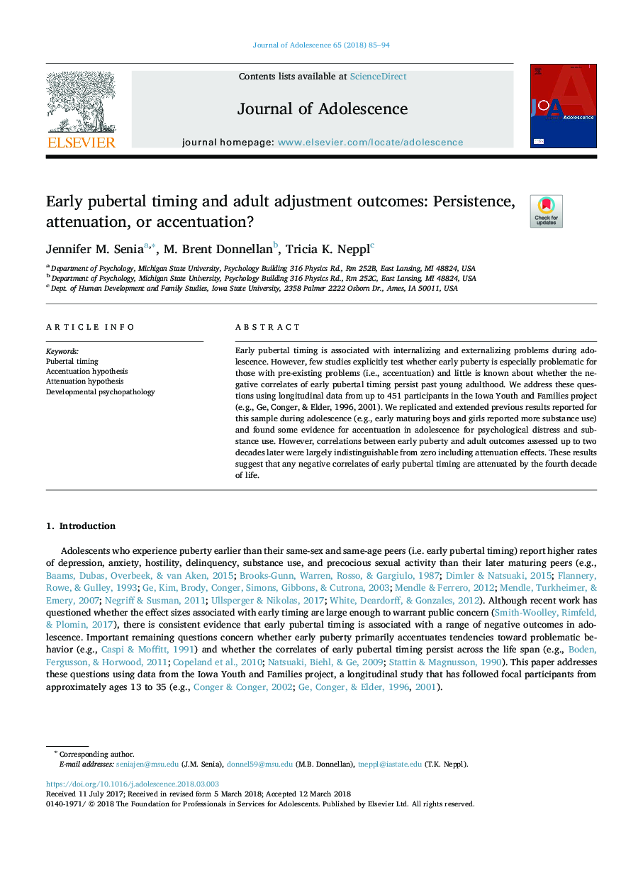 Early pubertal timing and adult adjustment outcomes: Persistence, attenuation, or accentuation?