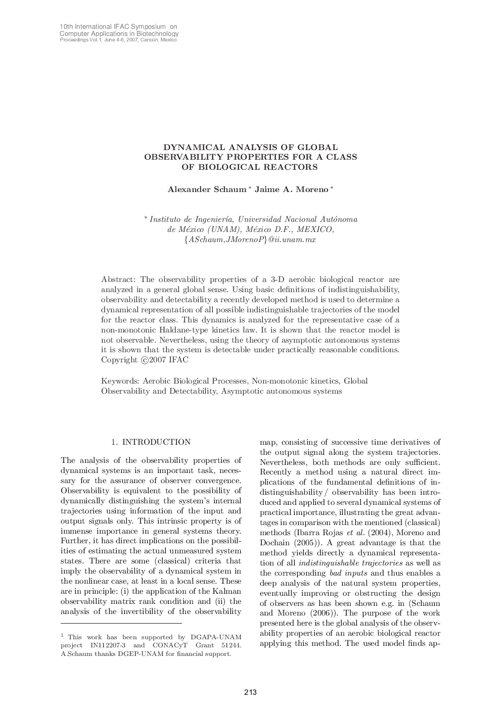 DYNAMICAL ANALYSIS OF GLOBAL OBSERVABILITY PROPERTIES FOR A CLASS OF BIOLOGICAL REACTORS 