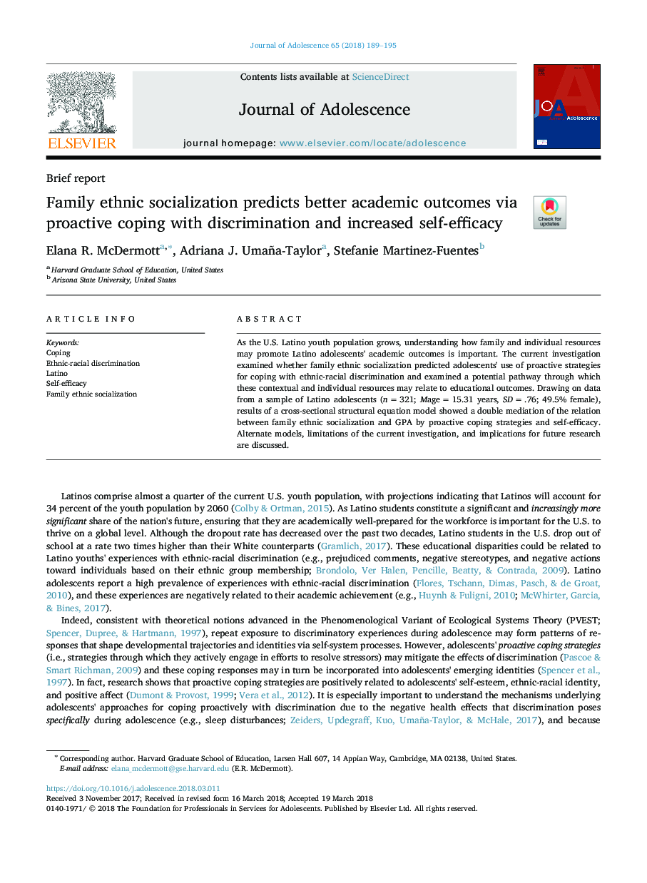 Family ethnic socialization predicts better academic outcomes via proactive coping with discrimination and increased self-efficacy