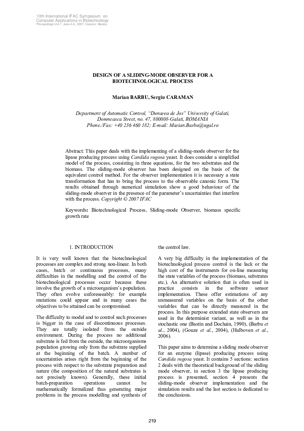 DESIGN OF A SLIDING-MODE OBSERVER FOR A BIOTECHNOLOGICAL PROCESS