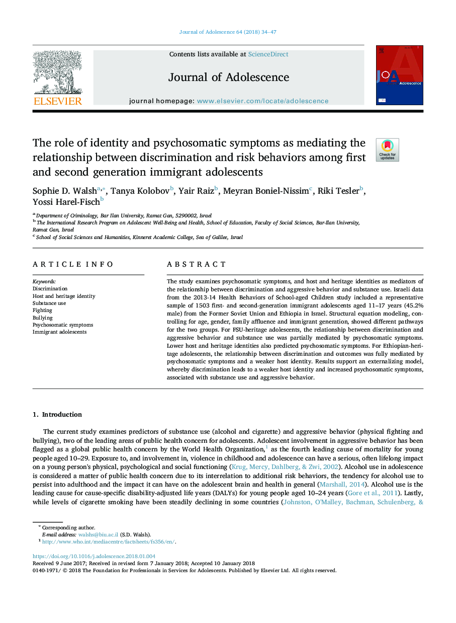 The role of identity and psychosomatic symptoms as mediating the relationship between discrimination and risk behaviors among first and second generation immigrant adolescents