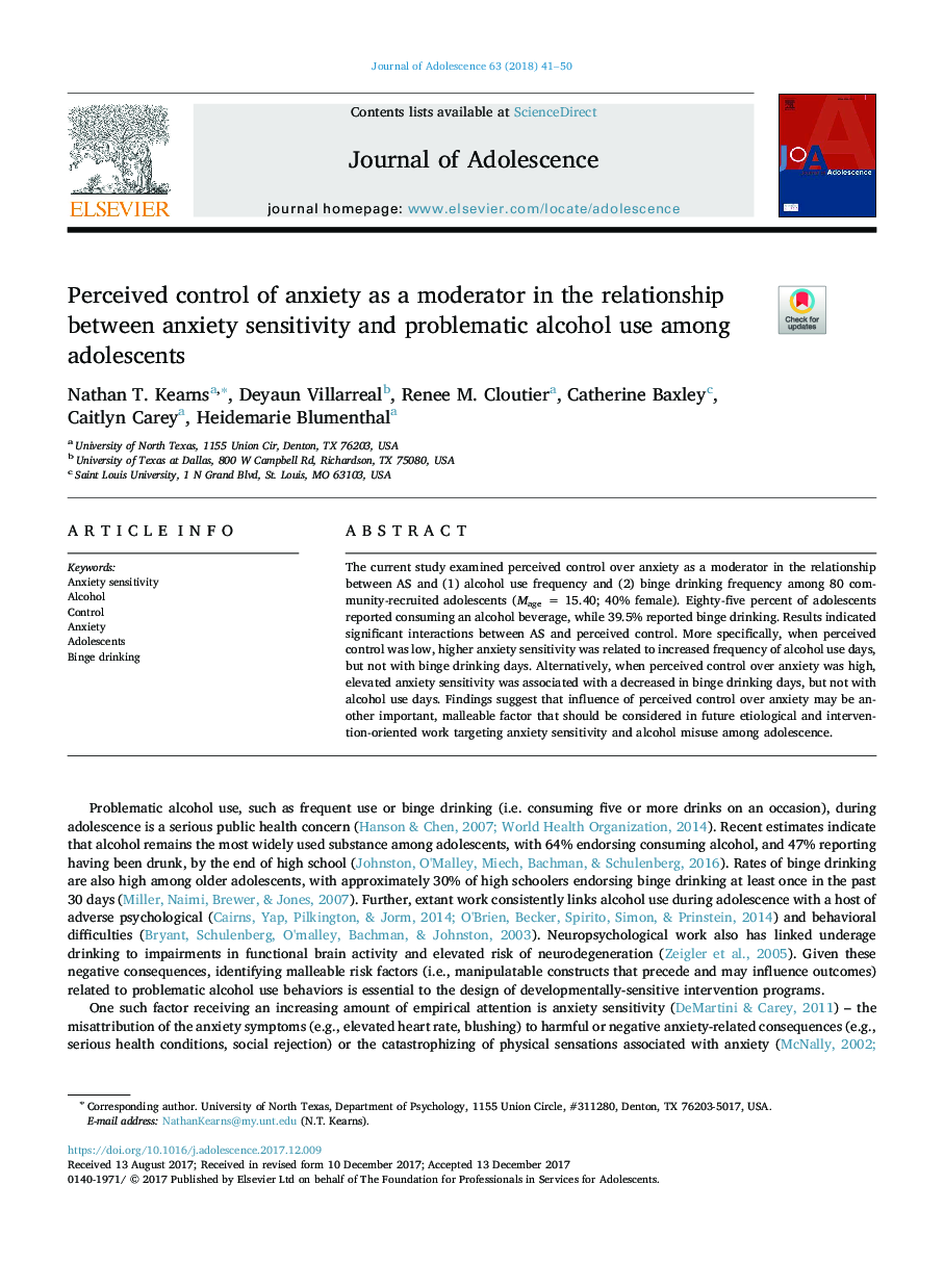 Perceived control of anxiety as a moderator in the relationship between anxiety sensitivity and problematic alcohol use among adolescents
