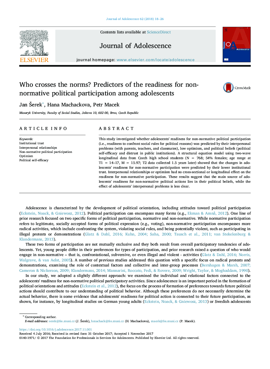 Who crosses the norms? Predictors of the readiness for non-normative political participation among adolescents