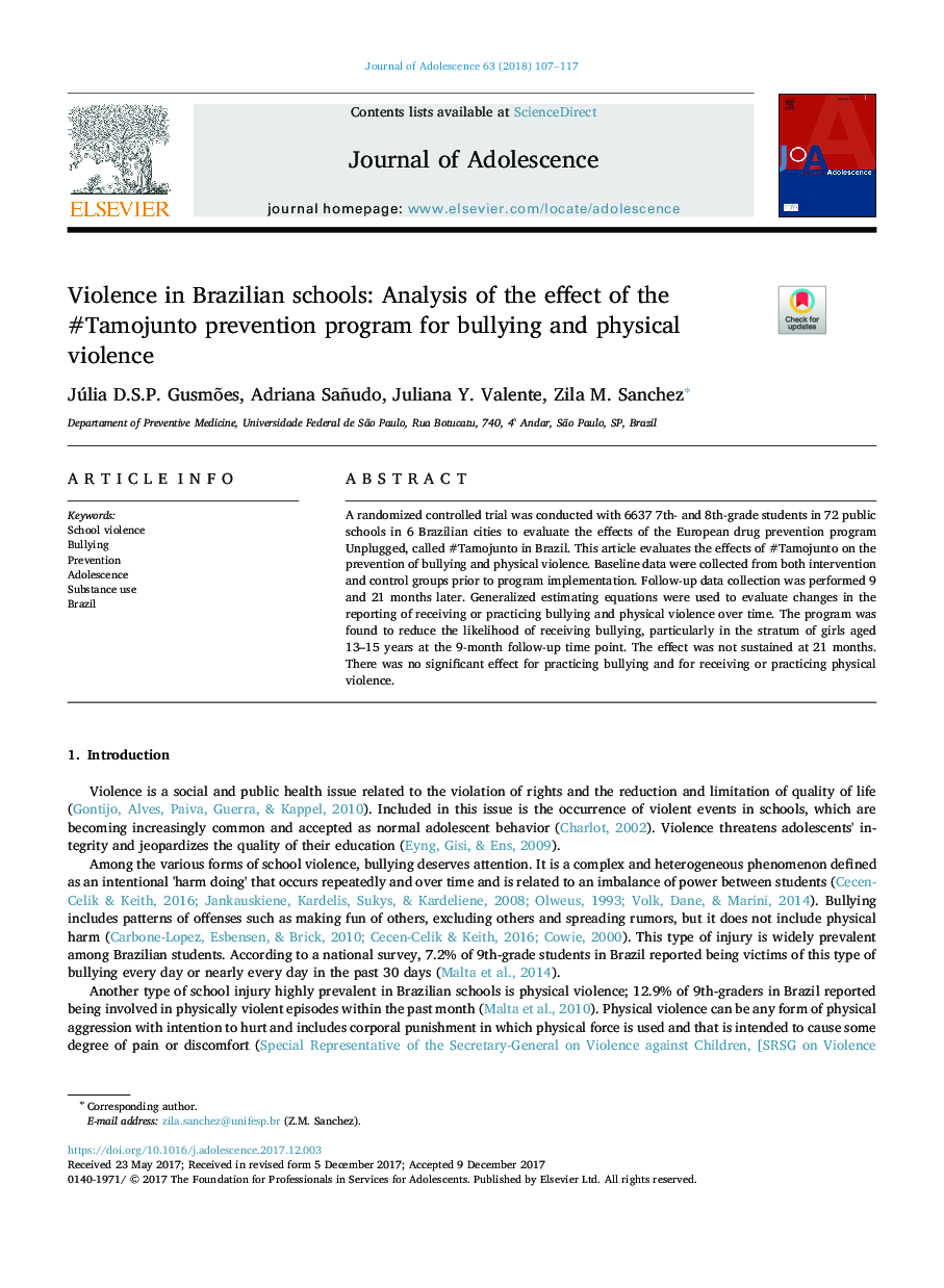 Violence in Brazilian schools: Analysis of the effect of the #Tamojunto prevention program for bullying and physical violence