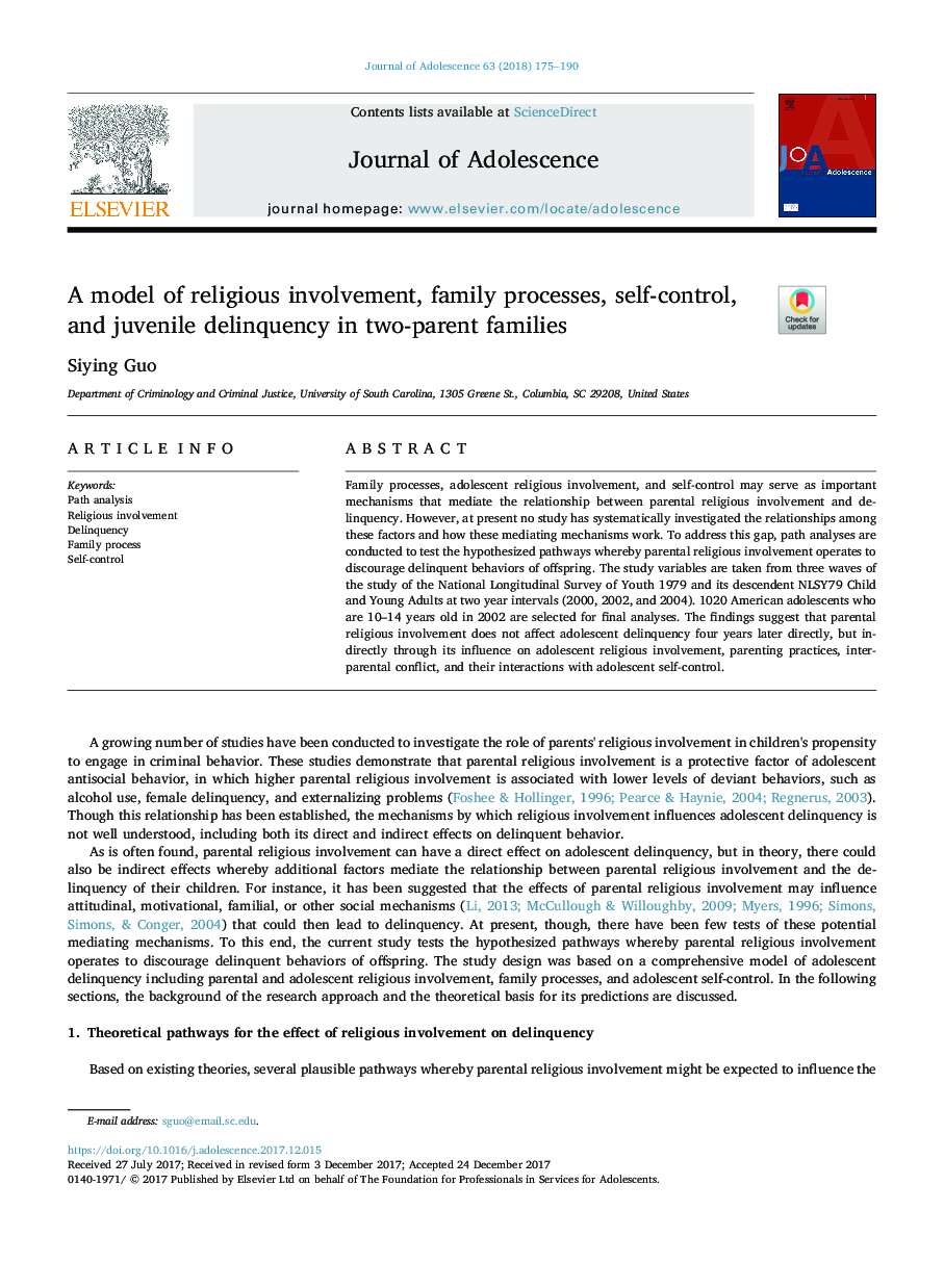 A model of religious involvement, family processes, self-control, and juvenile delinquency in two-parent families