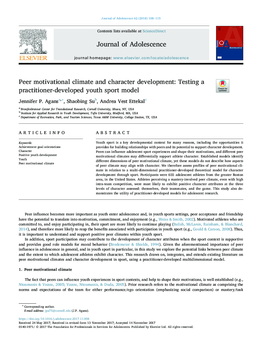 Peer motivational climate and character development: Testing a practitioner-developed youth sport model