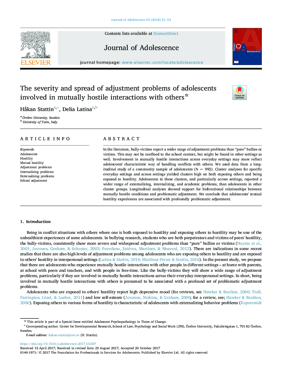 The severity and spread of adjustment problems of adolescents involved in mutually hostile interactions with others