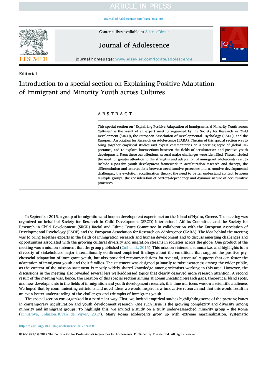 Introduction to a special section on Explaining Positive Adaptation of Immigrant and Minority Youth across Cultures