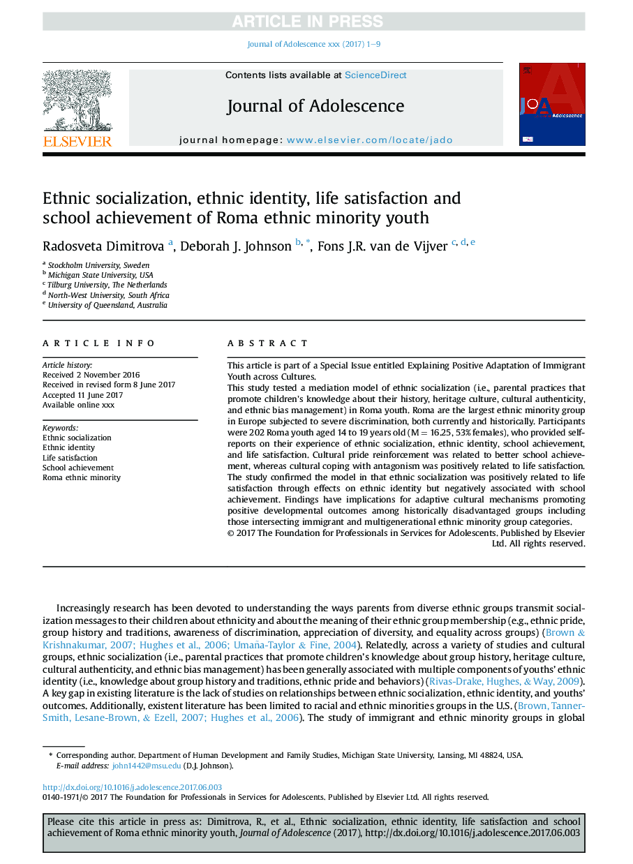 Ethnic socialization, ethnic identity, life satisfaction and school achievement of Roma ethnic minority youth