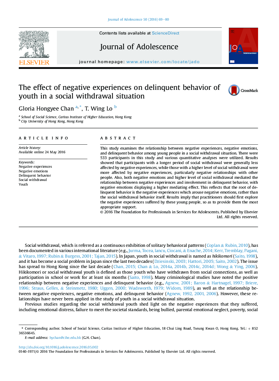 The effect of negative experiences on delinquent behavior of youth in a social withdrawal situation