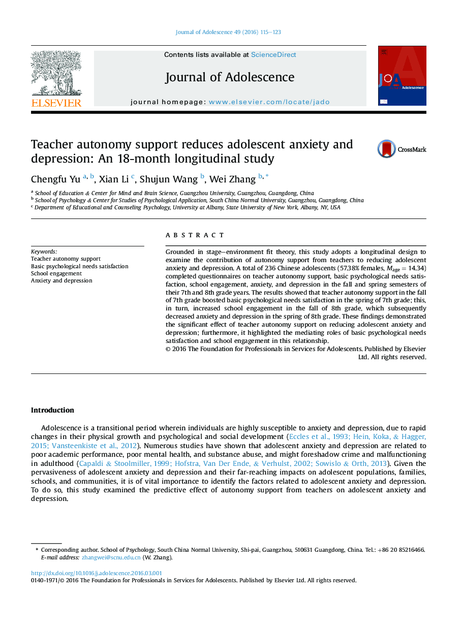 Teacher autonomy support reduces adolescent anxiety and depression: An 18-month longitudinal study