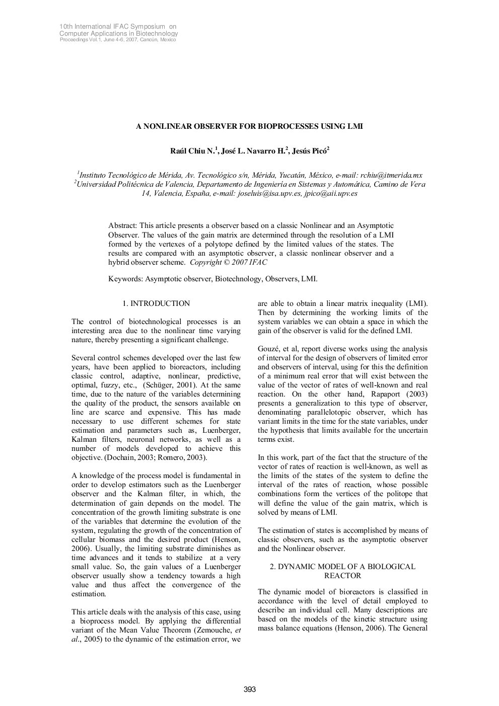 A NONLINEAR OBSERVER FOR BIOPROCESSES USING LMI