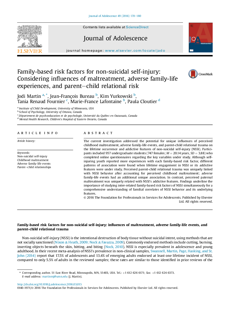 Family-based risk factors for non-suicidal self-injury: Considering influences of maltreatment, adverse family-life experiences, and parent-child relational risk