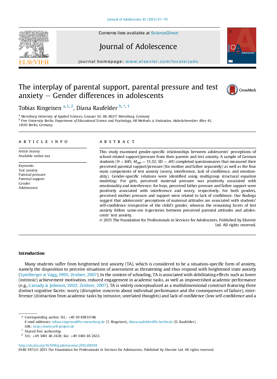 The interplay of parental support, parental pressure and test anxiety - Gender differences in adolescents