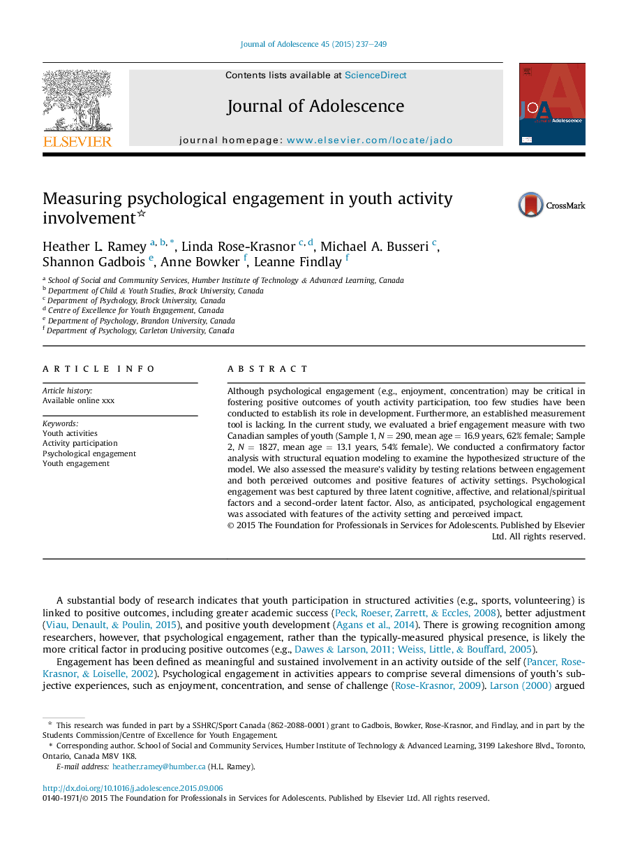 Measuring psychological engagement in youth activity involvement