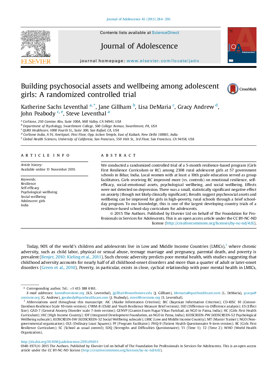 Building psychosocial assets and wellbeing among adolescent girls: A randomized controlled trial