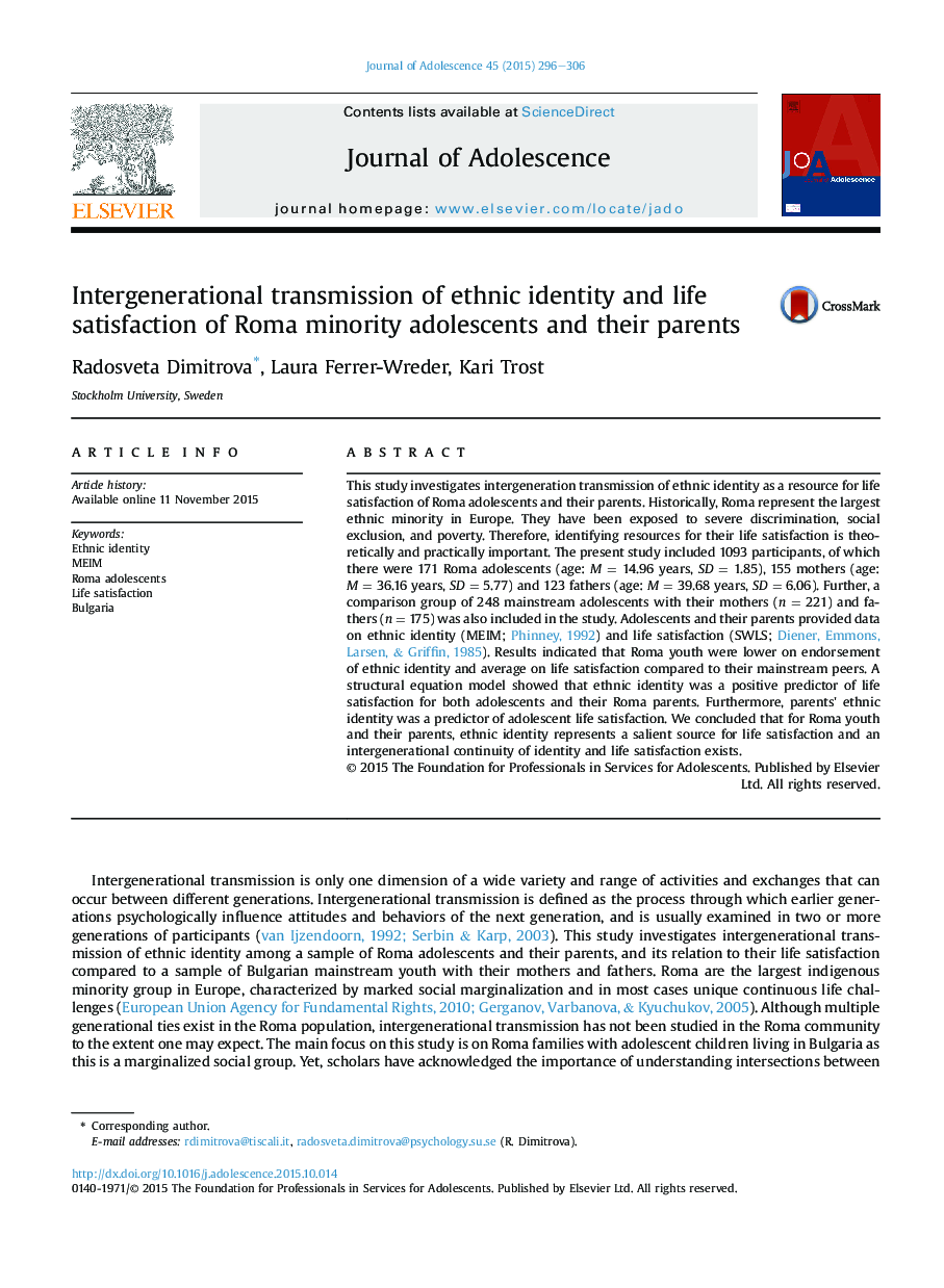 Intergenerational transmission of ethnic identity and life satisfaction of Roma minority adolescents and their parents