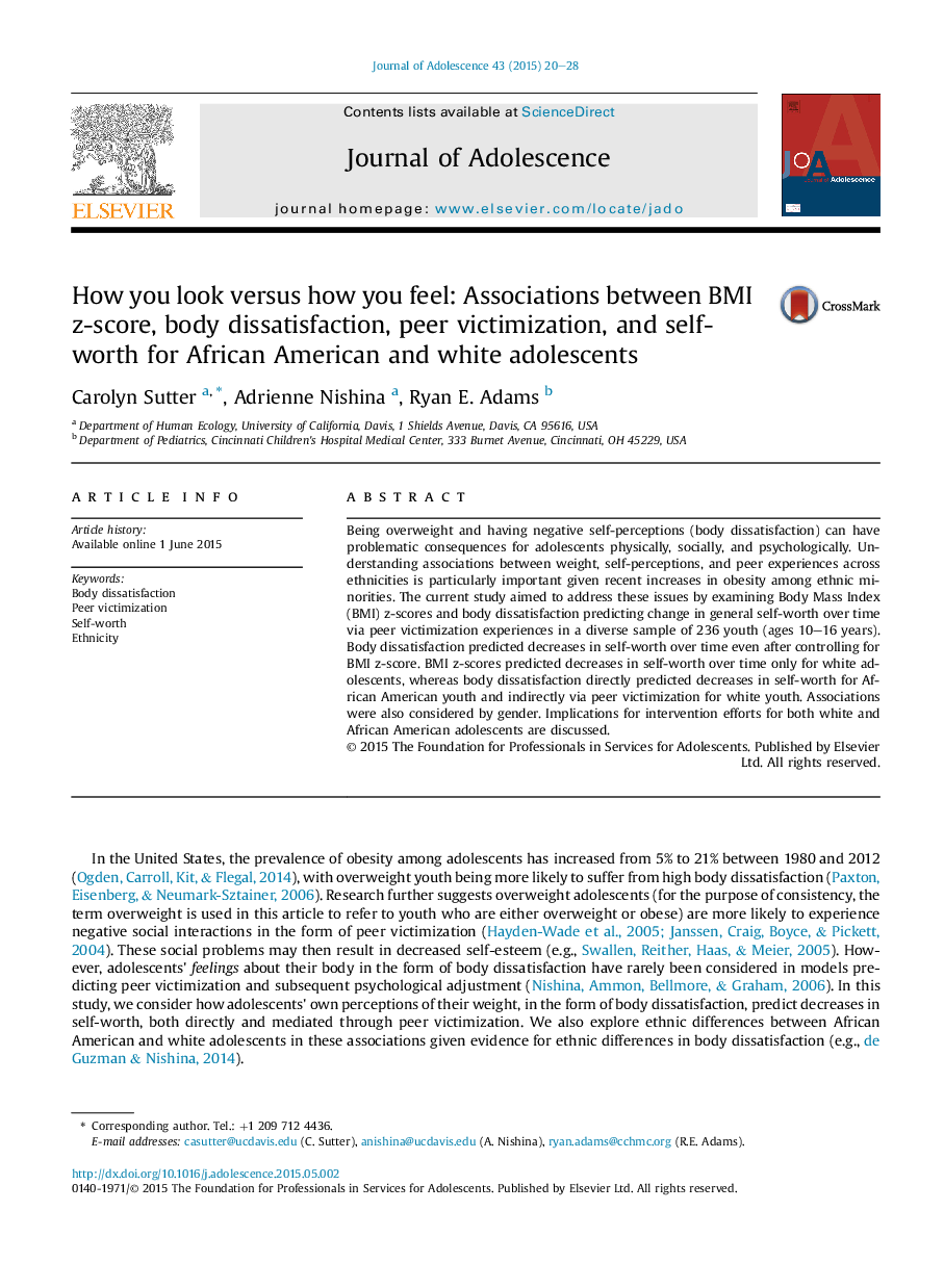 How you look versus how you feel: Associations between BMI z-score, body dissatisfaction, peer victimization, and self-worth for African American and white adolescents