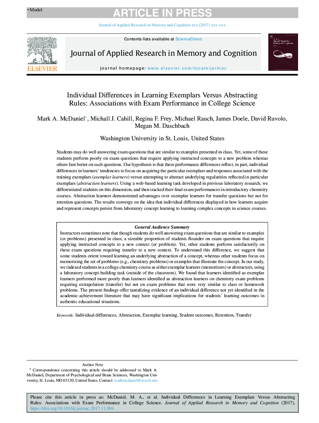 Individual Differences in Learning Exemplars Versus Abstracting Rules: Associations with Exam Performance in College Science