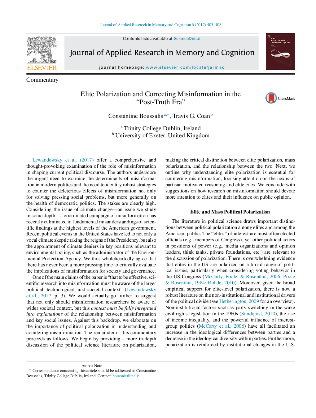 Elite Polarization and Correcting Misinformation in the “Post-Truth Era”