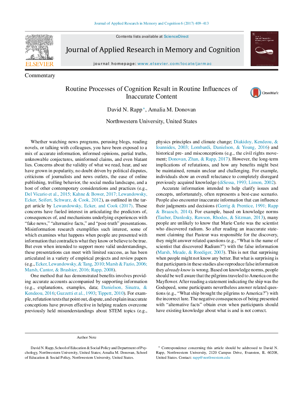 Routine Processes of Cognition Result in Routine Influences of Inaccurate Content