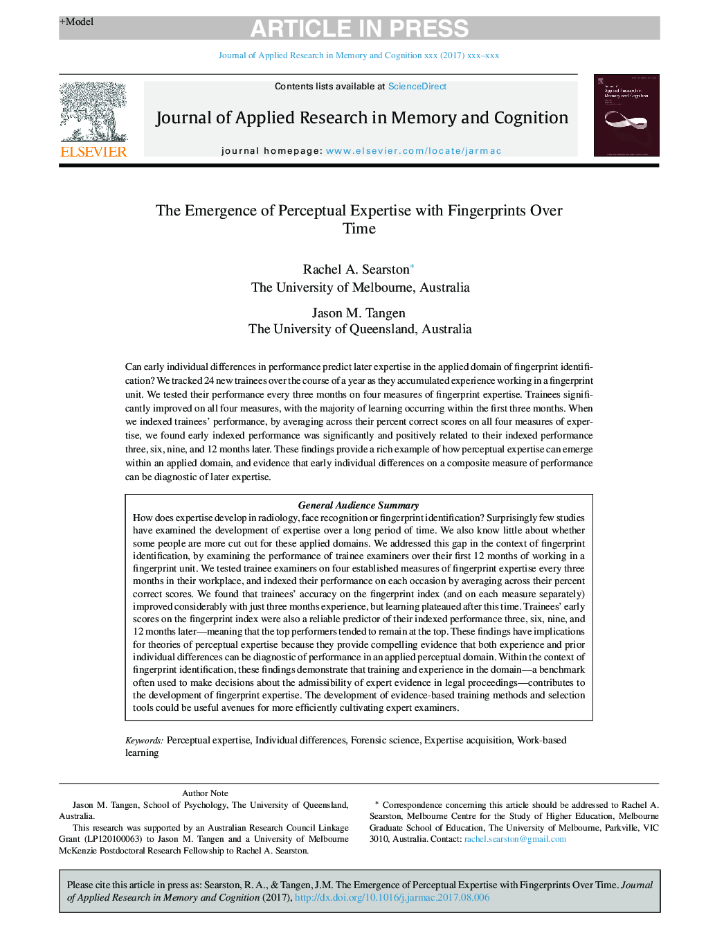 The Emergence of Perceptual Expertise with Fingerprints Over Time