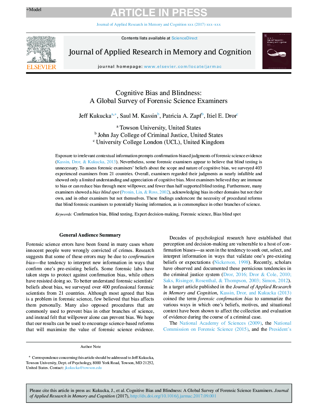 Cognitive Bias and Blindness: A Global Survey of Forensic Science Examiners