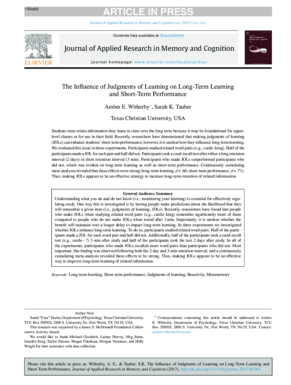 The Influence of Judgments of Learning on Long-Term Learning and Short-Term Performance