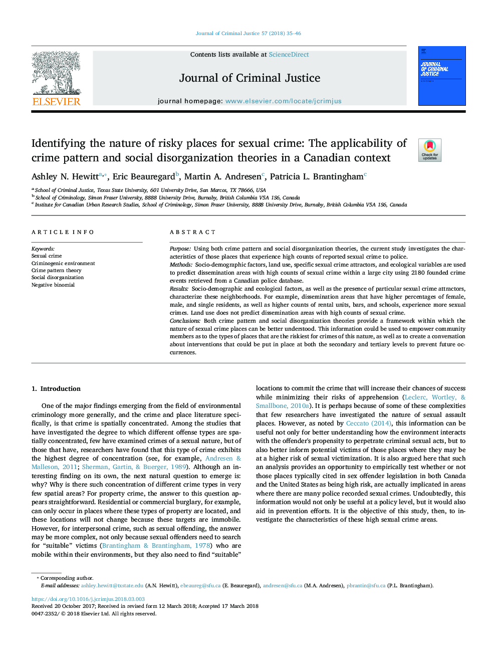 Identifying the nature of risky places for sexual crime: The applicability of crime pattern and social disorganization theories in a Canadian context