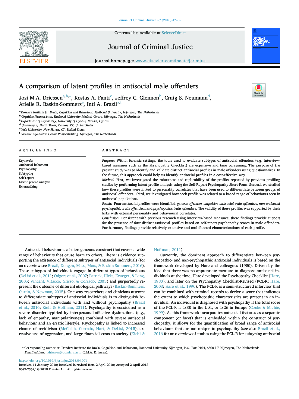 A comparison of latent profiles in antisocial male offenders