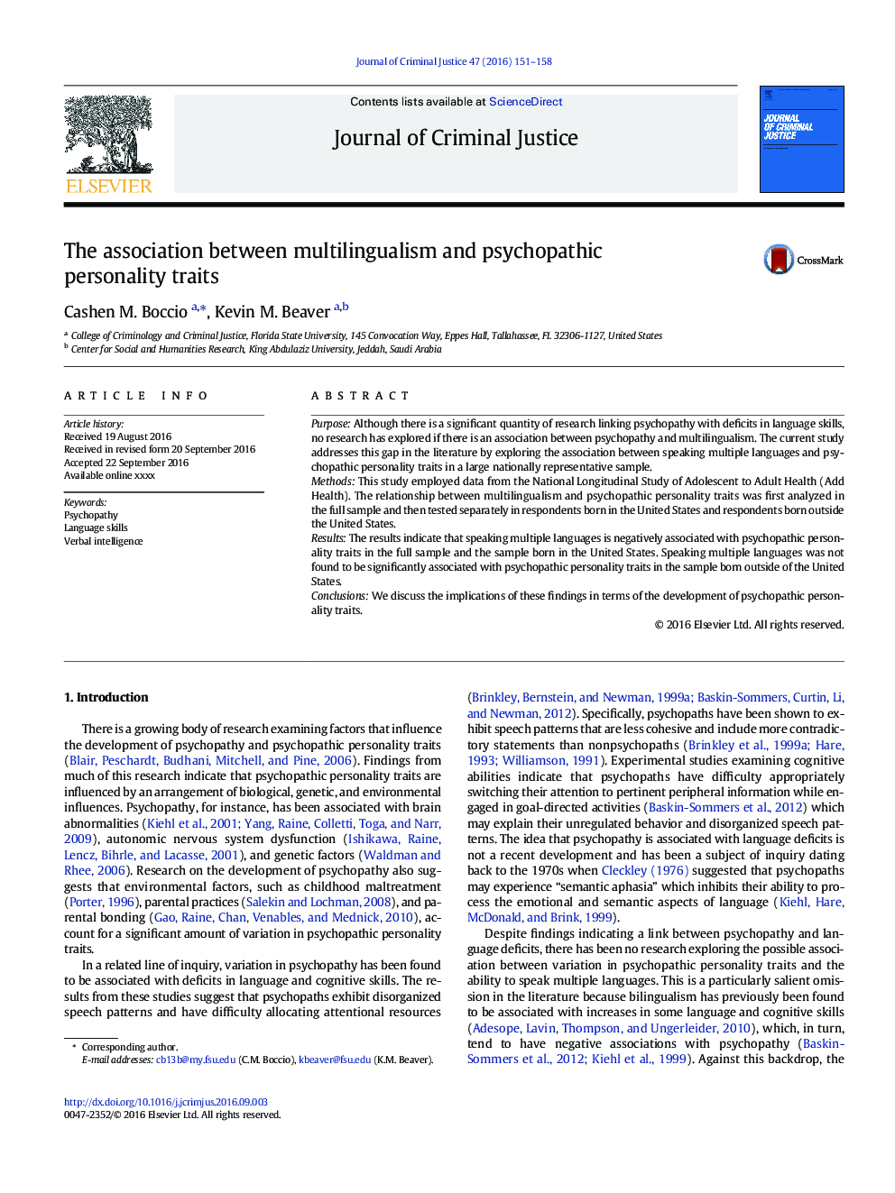 The association between multilingualism and psychopathic personality traits