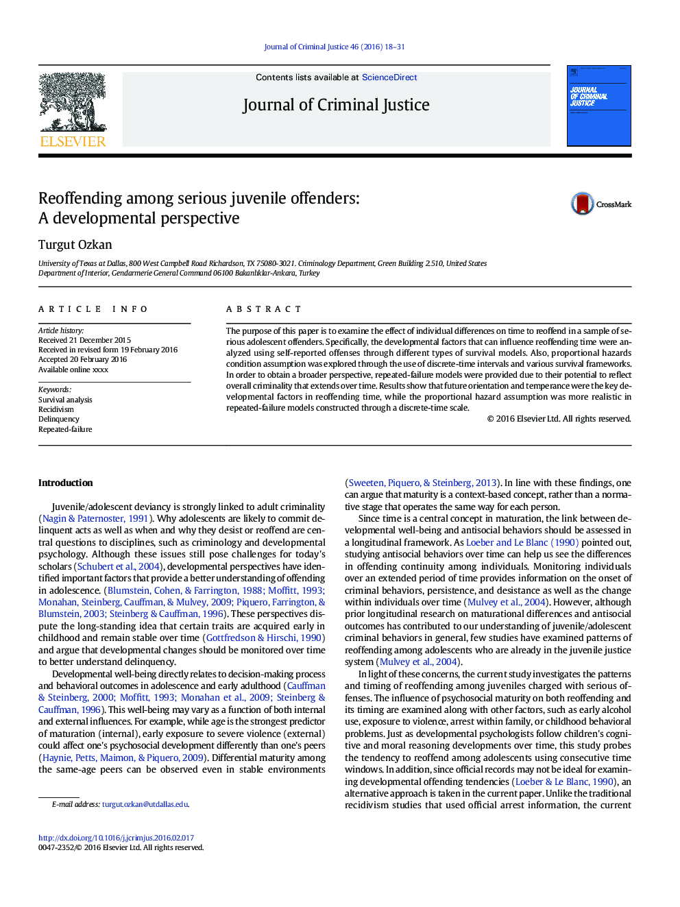 Reoffending among serious juvenile offenders: A developmental perspective