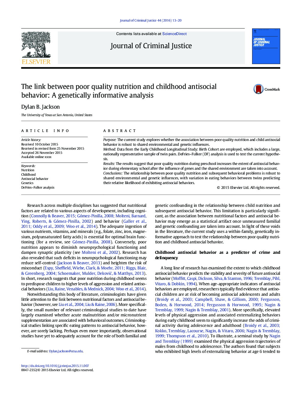 The link between poor quality nutrition and childhood antisocial behavior: A genetically informative analysis