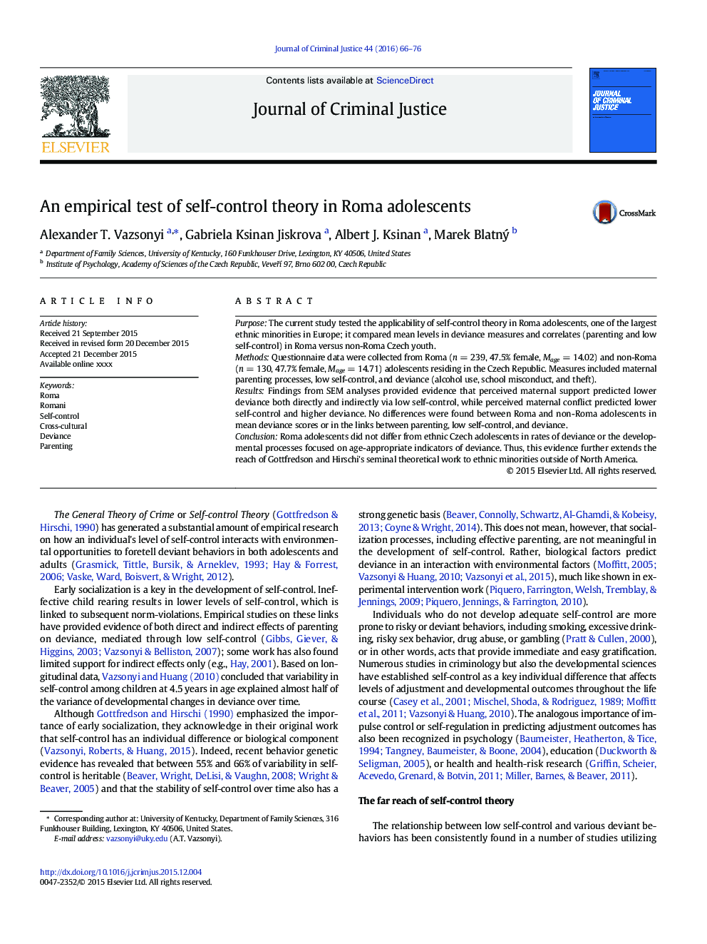 An empirical test of self-control theory in Roma adolescents