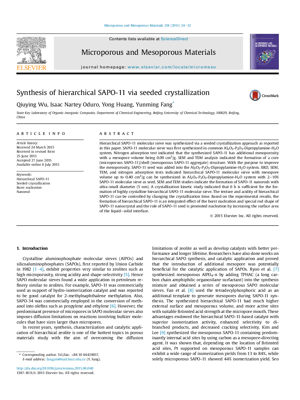 Synthesis of hierarchical SAPO-11 via seeded crystallization