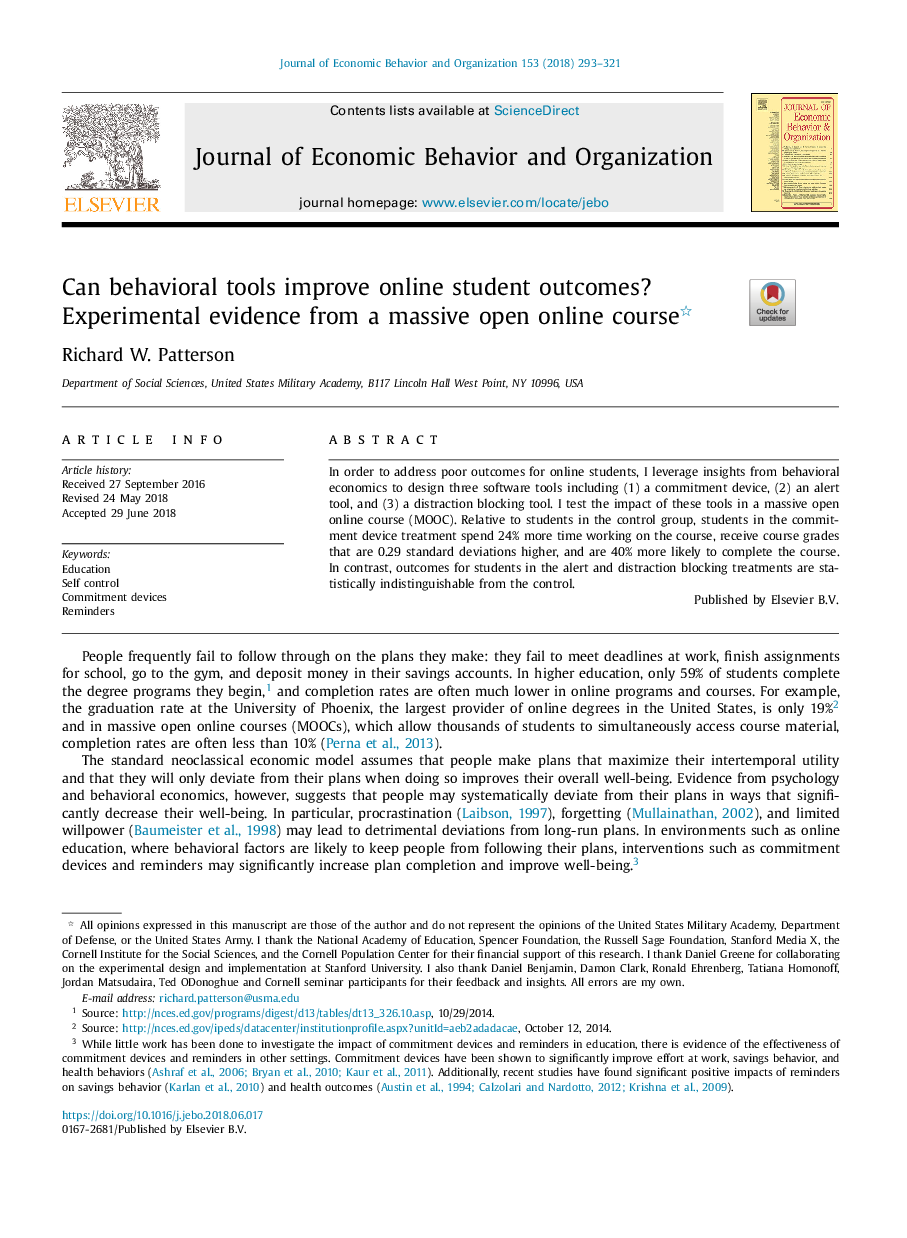 Can behavioral tools improve online student outcomes? Experimental evidence from a massive open online course