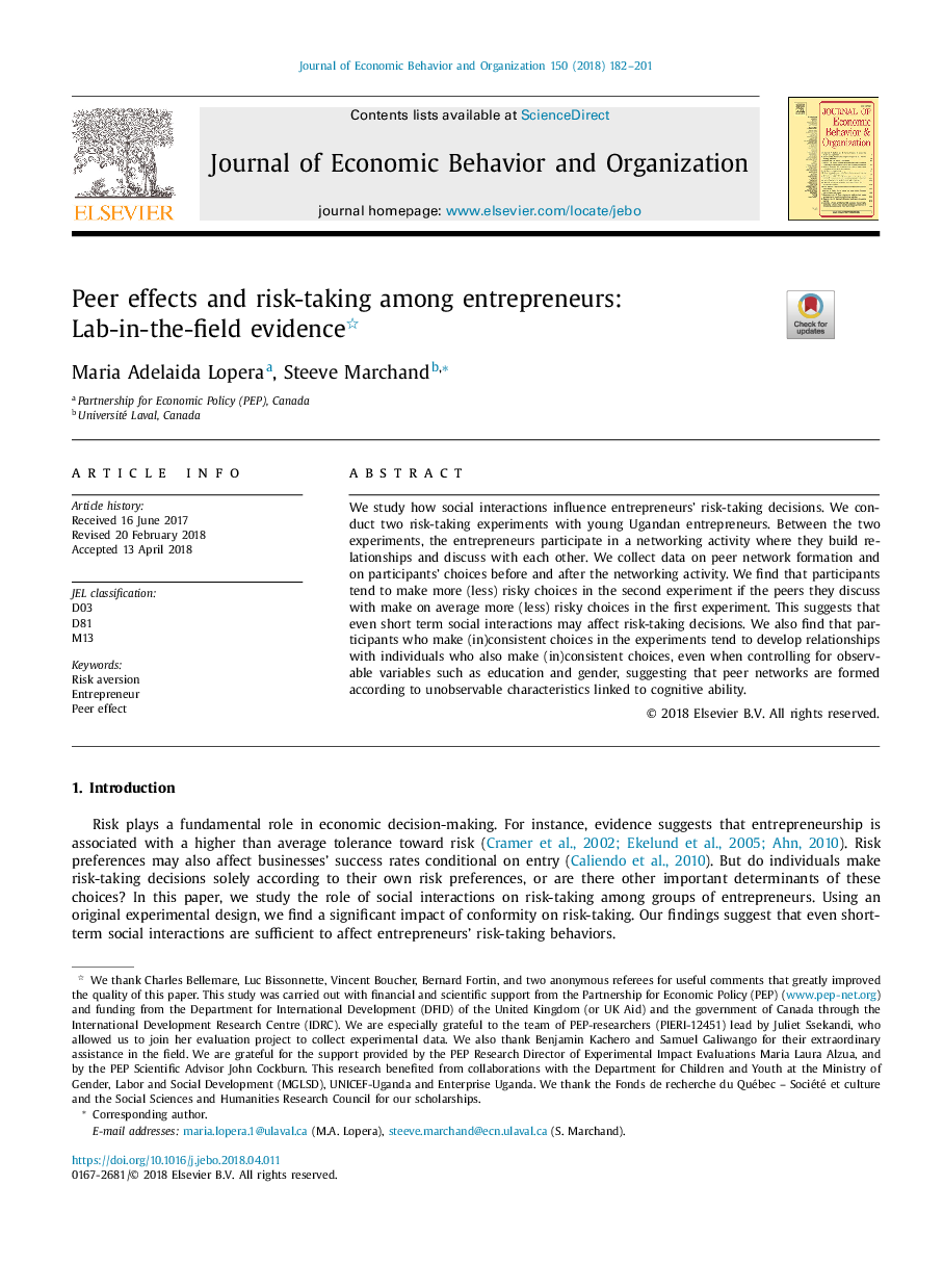 Peer effects and risk-taking among entrepreneurs: Lab-in-the-field evidence