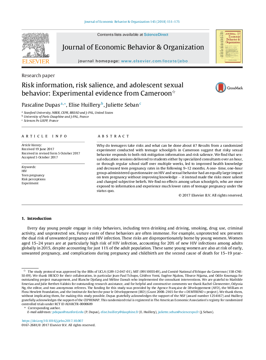 Risk information, risk salience, and adolescent sexual behavior: Experimental evidence from Cameroon