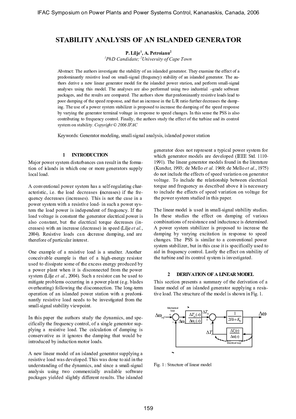 STABILITY ANALYSIS OF AN ISLANDED GENERATOR